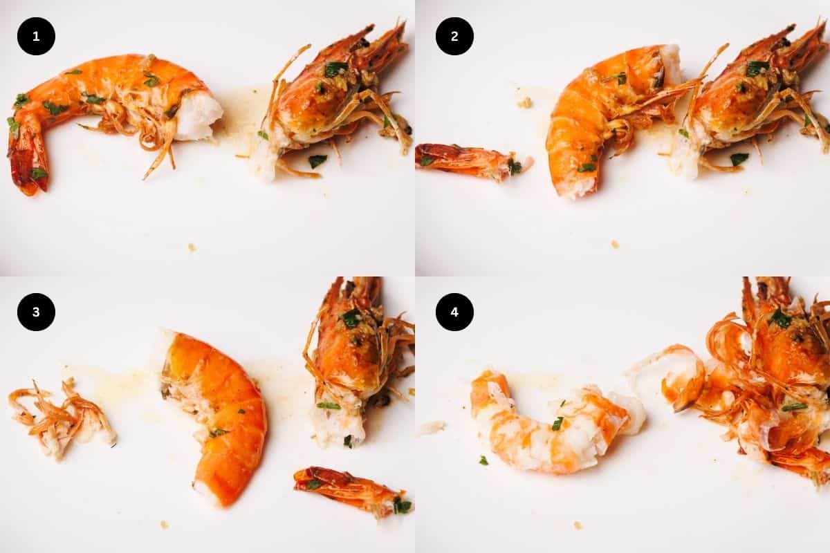 Tiger shrimp being shelled on a white plate.