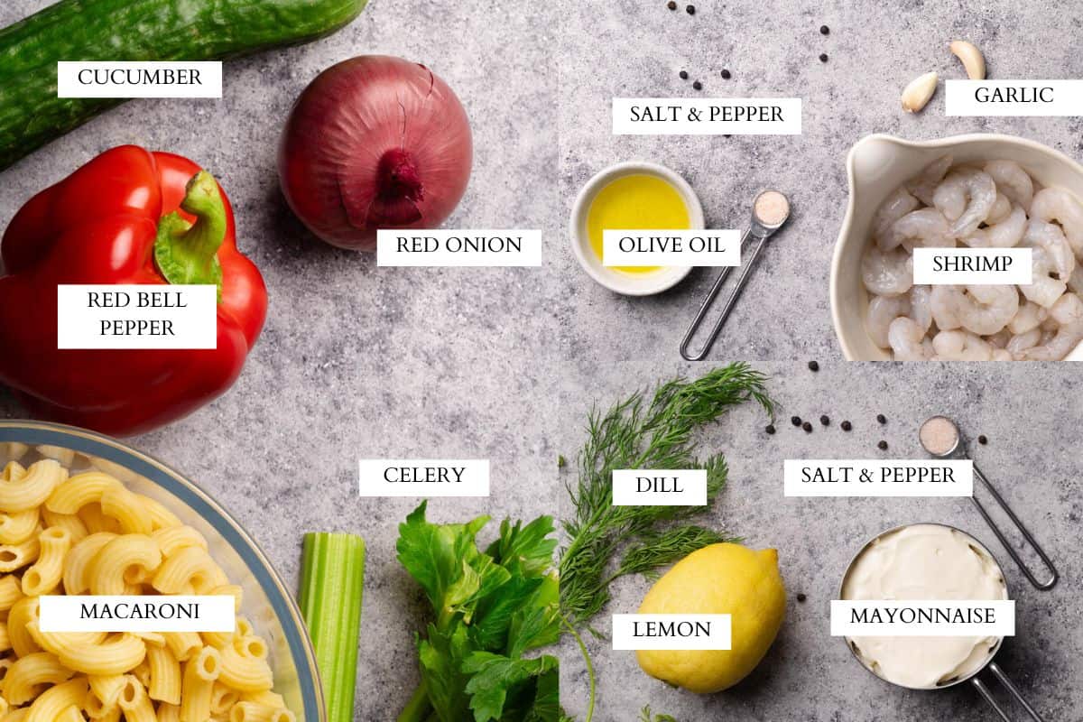 Ingredients laid out to make shrimp macaroni salad.