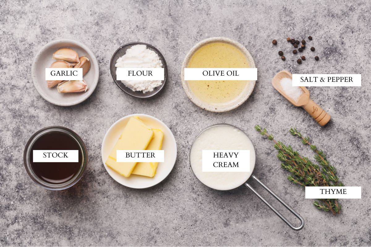Ingredients laid out to make a creamy garlic sauce.