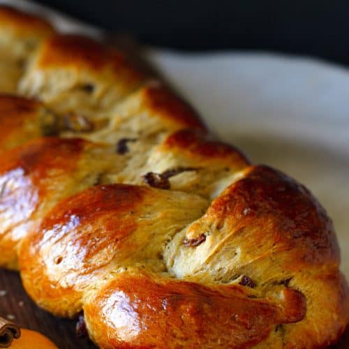 German Easter bread on a wooden board.