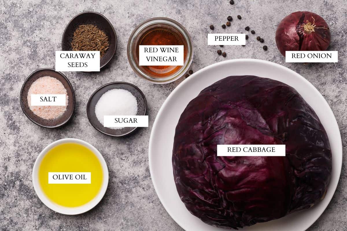 Ingredients laid out to make to make a red cabbage salad.