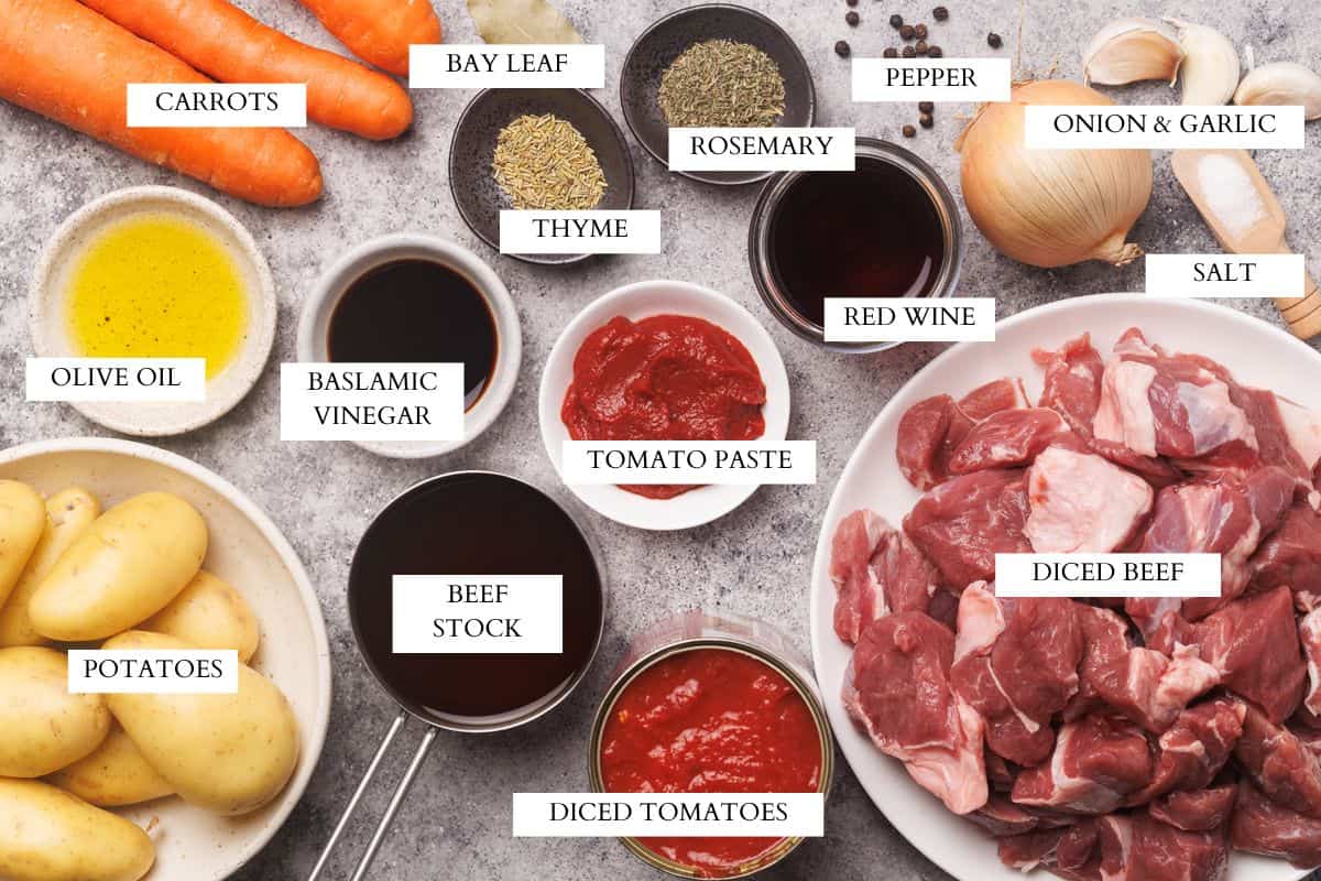 Ingredients laid out to make beef stew.