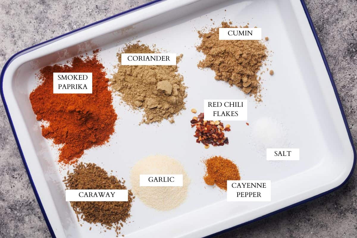Ingredients laid out to make harissa powder.