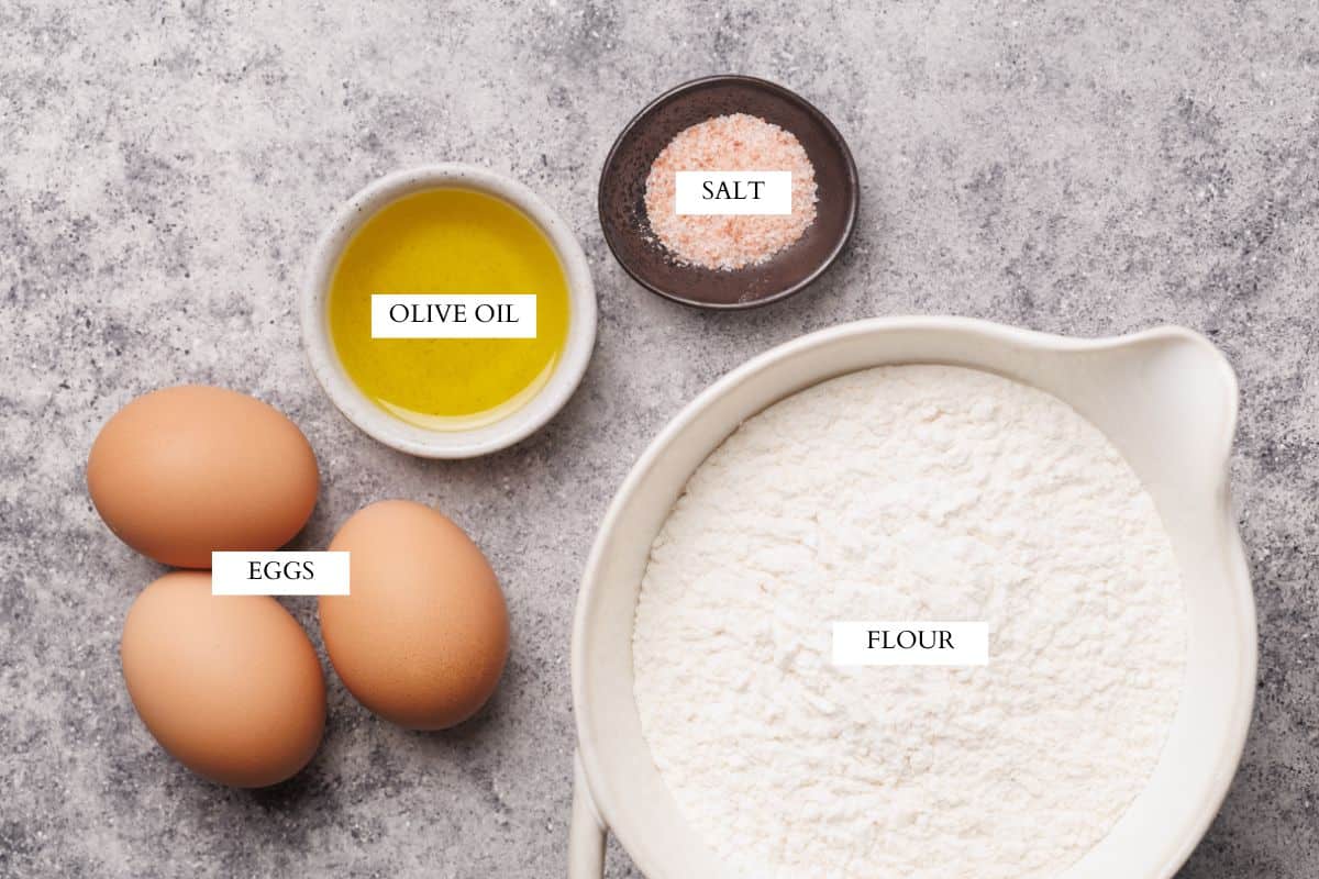 Ingredients laid out to make ribbon pasta.
