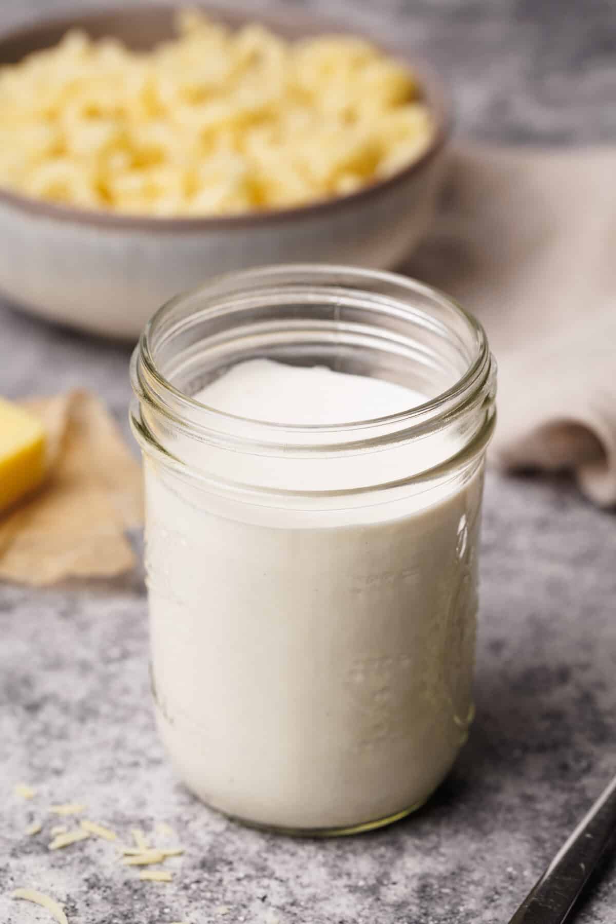 Cottage cheese pasta sauce in a mason jar.