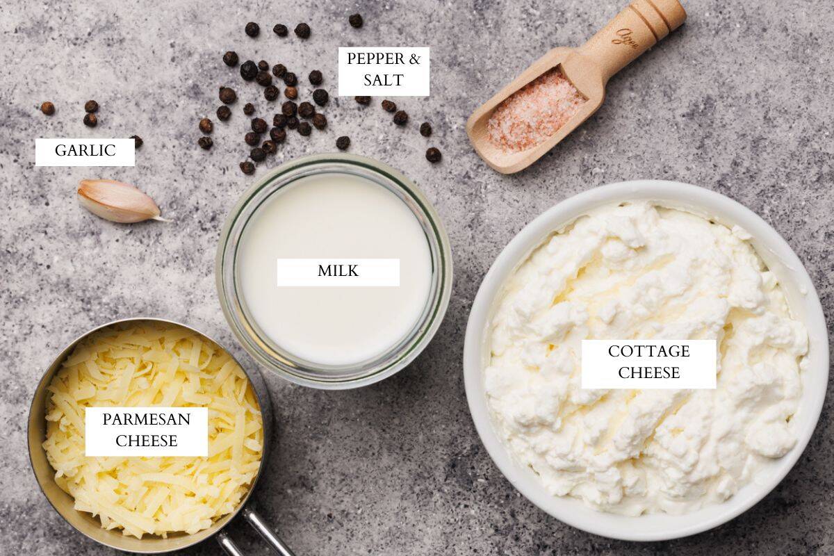 Ingredients laid out to make cottage cheese pasta sauce.