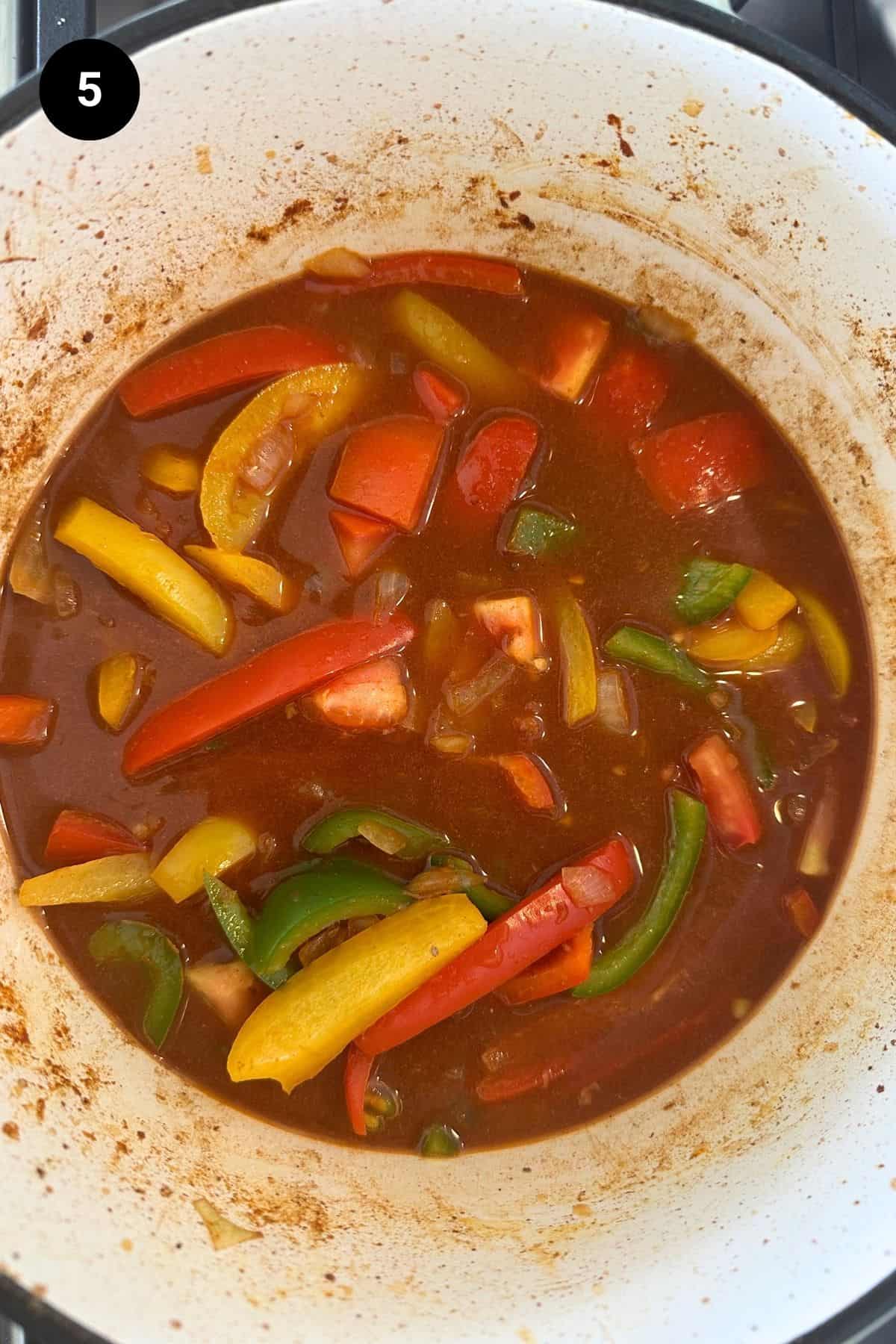 Rich goulash base in a Dutch oven.