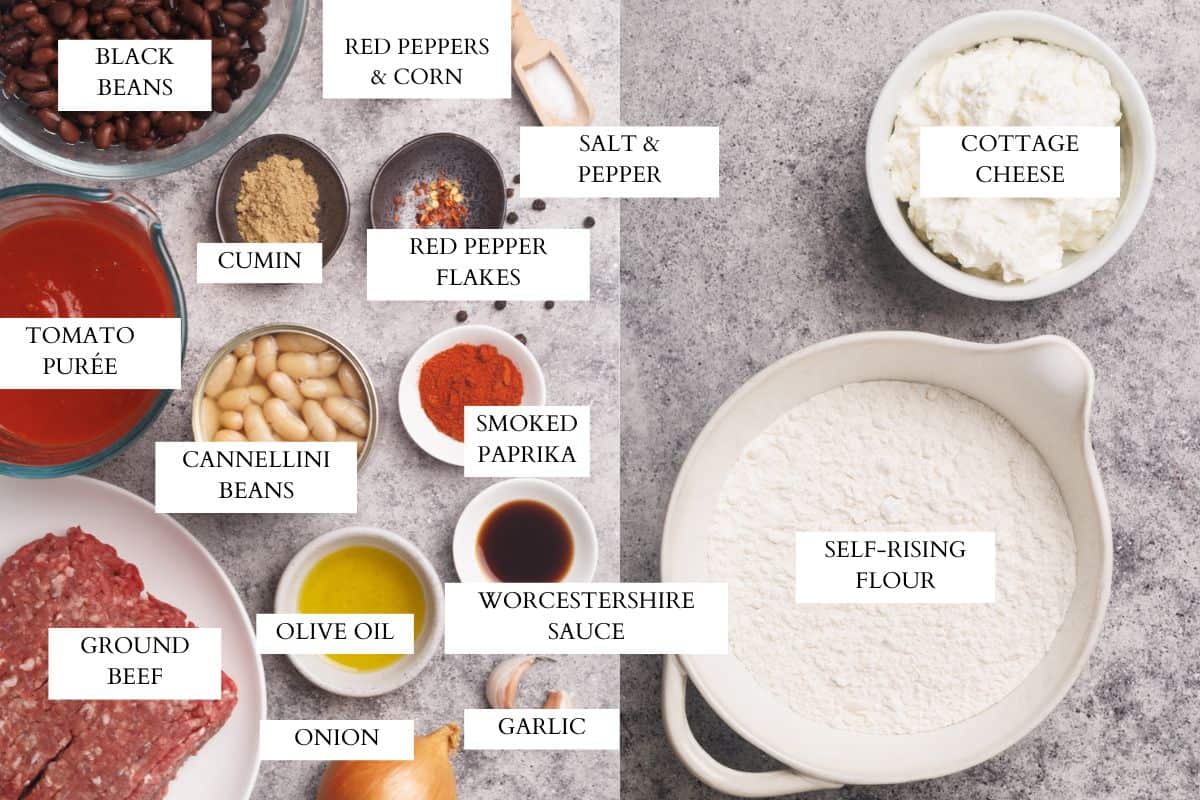 Ingredients laid out to make a Cowboy Casserole with Biscuits.