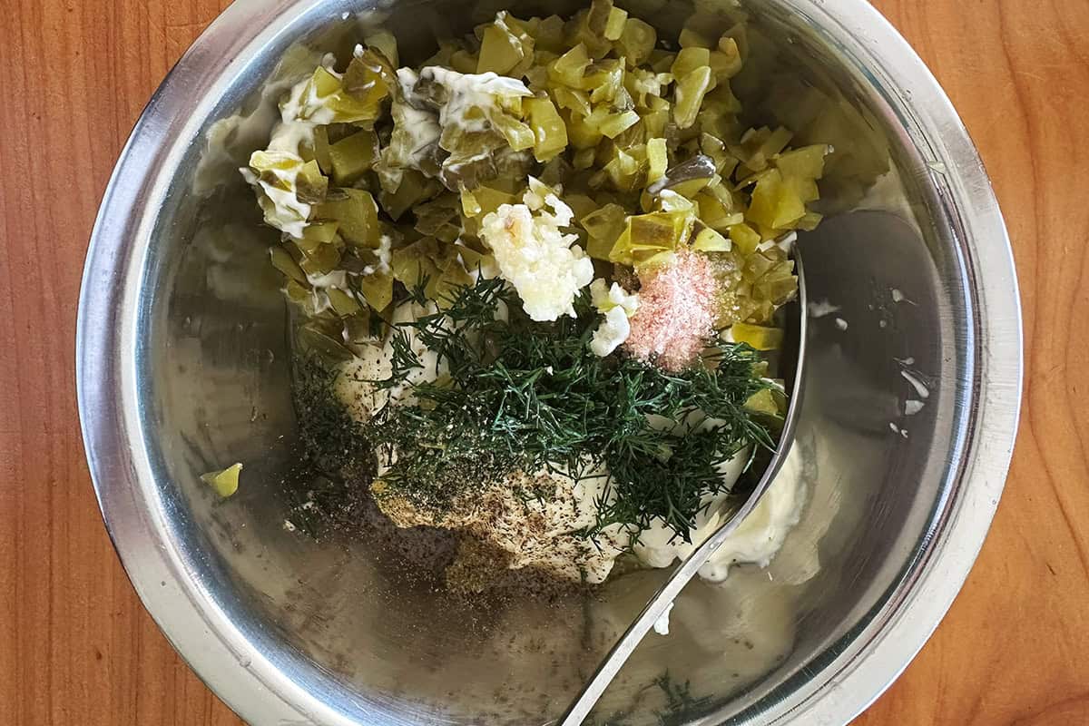 All ingredients in a metal bowl before being mixed.