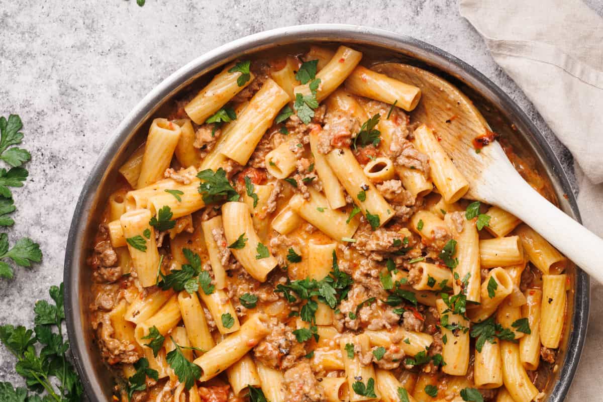 Beef pasta in a large pan.