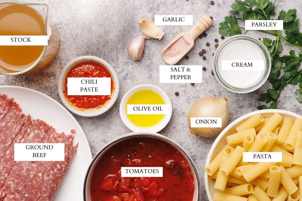 Ingredients laid out to make the beef pasta.