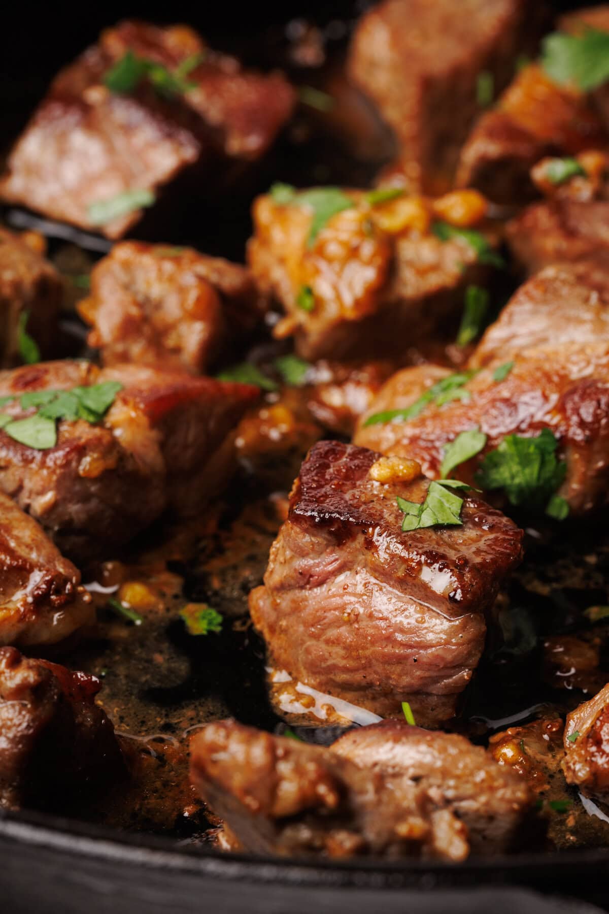Close-up of lamb steak bites.